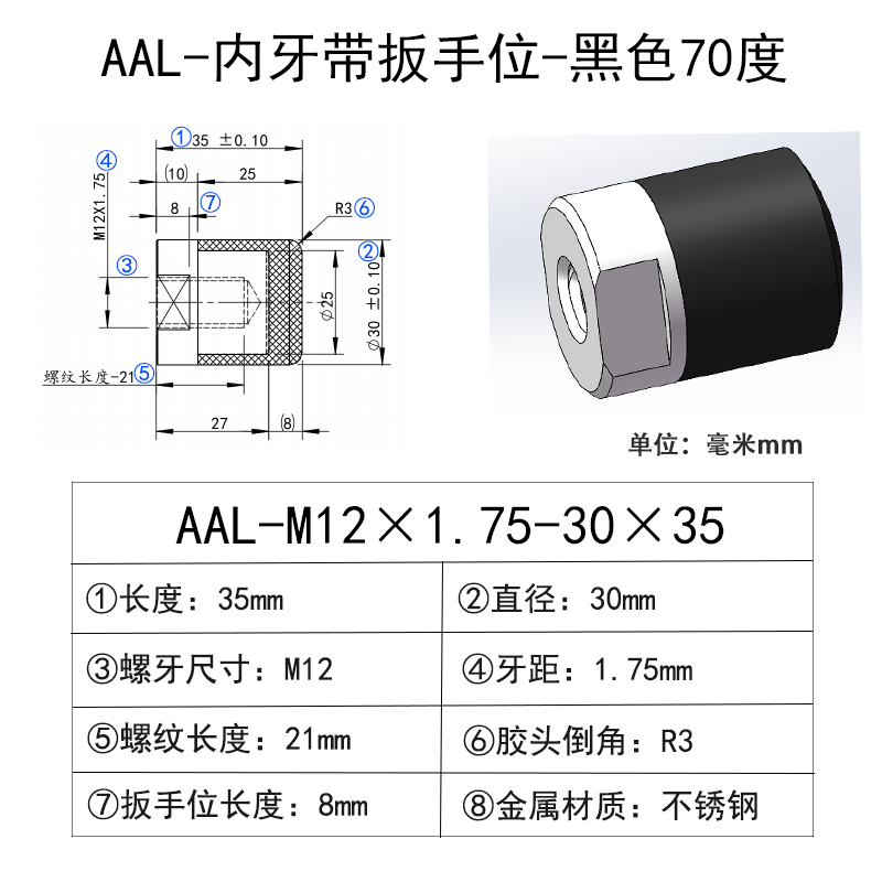 AAL-M12×1.75-30×35 聚氨酯平头压块-内螺纹型-黑色70度