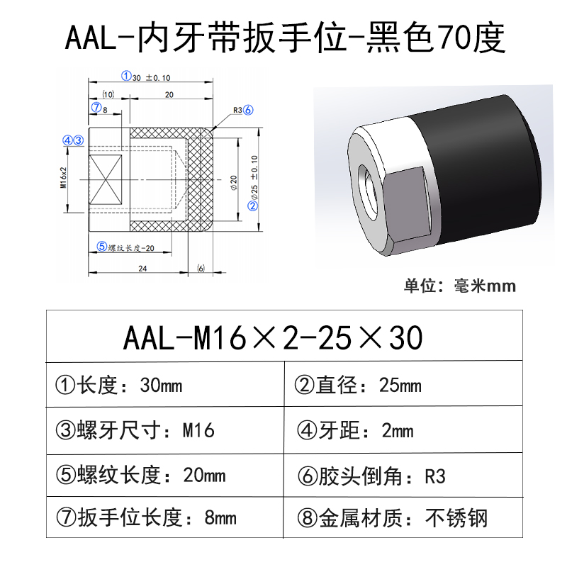AAL-M16×2-25×30 聚氨酯平头压块-内螺纹型-黑色70度