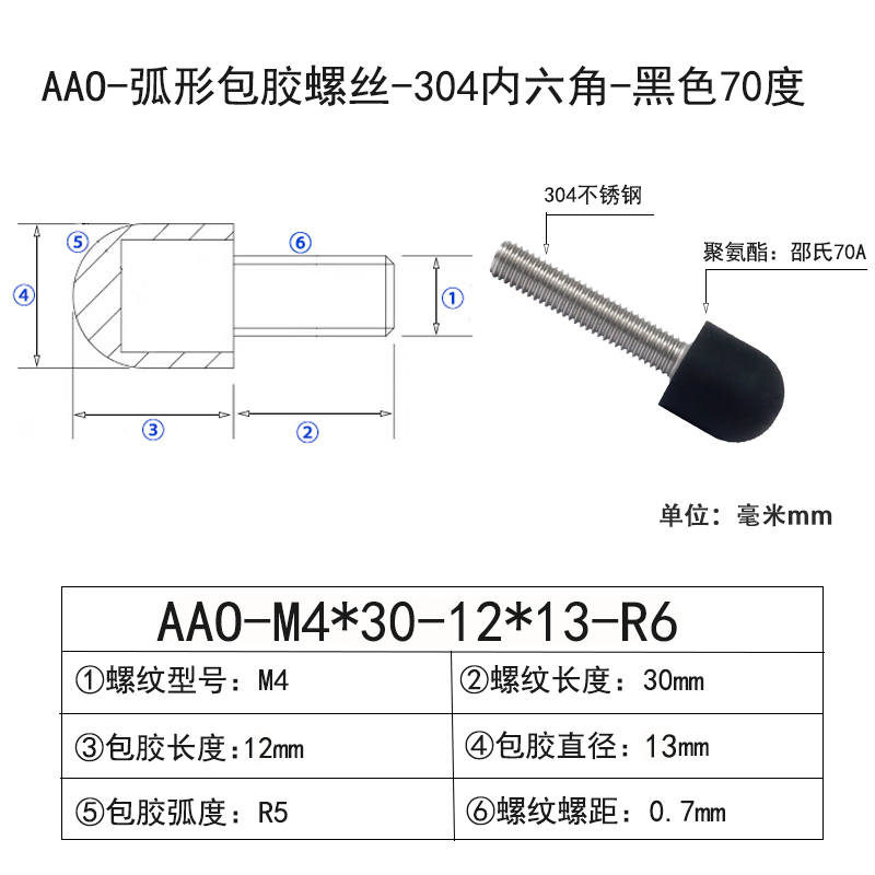 AAO-M4×30-12×D13×R6 弧形Винты с ПУ покрытием-304内六角-黑色70度