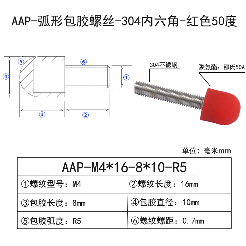 AAP-M4×16-8×D10×R5 弧形Винты с ПУ покрытием-304内六角-红色50度