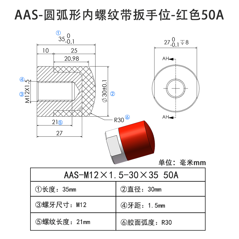 AAS-M12×1.5-30×35 圆弧形PU Coated Screws-内螺纹带扳手位