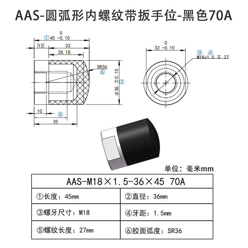 AAS-M18×1.5-36×45-70A 圆弧形Винты с ПУ покрытием-内螺纹带扳手位