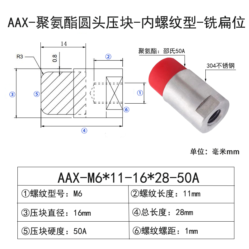 AAX-M6×11-16×28-50A-1 Винты с ПУ покрытием圆头内牙带扳手位-304不锈钢-红色50度