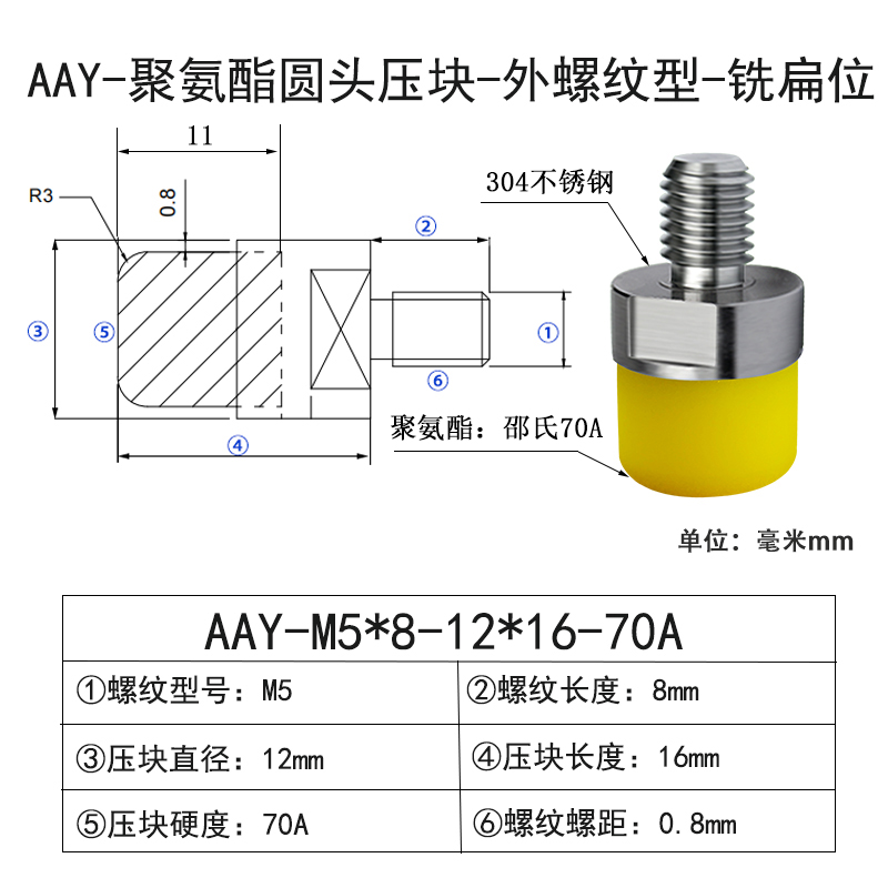 AAY-M5×8-12×16-70A-0.8 Винты с ПУ покрытием圆头外牙带扳手位-304不锈钢-жёлтый70度