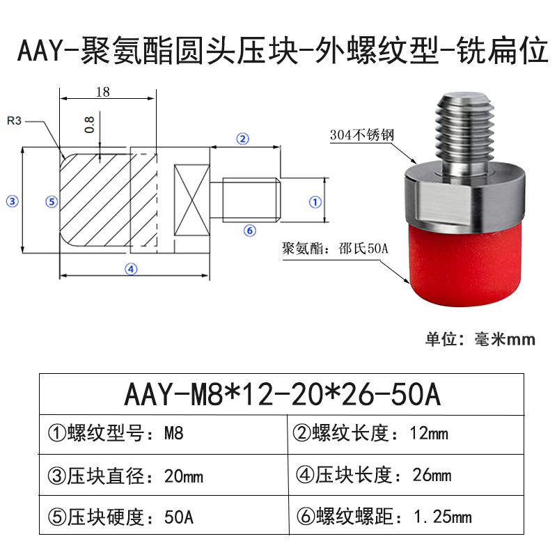 AAY-M8×12-20×26-50A-1.25 Винты с ПУ покрытием圆头外牙带扳手位-304不锈钢-红色50度