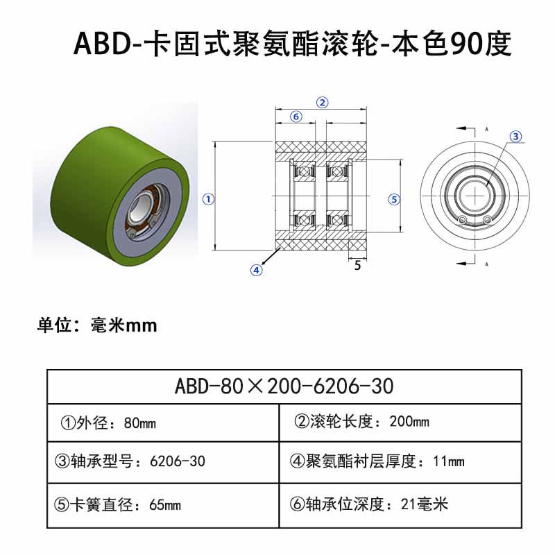 ABD-80×200-6206-30 卡固式聚氨酯滚轮-带卡簧-45#钢-本色90度