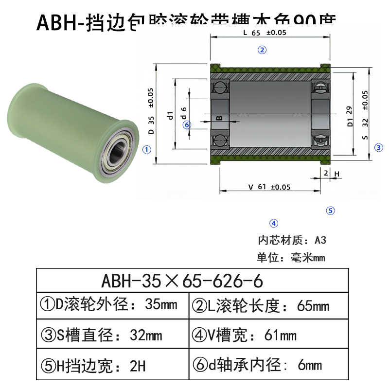 ABH-35×65-626-6 挡边包胶滚轮-带槽-本色90度